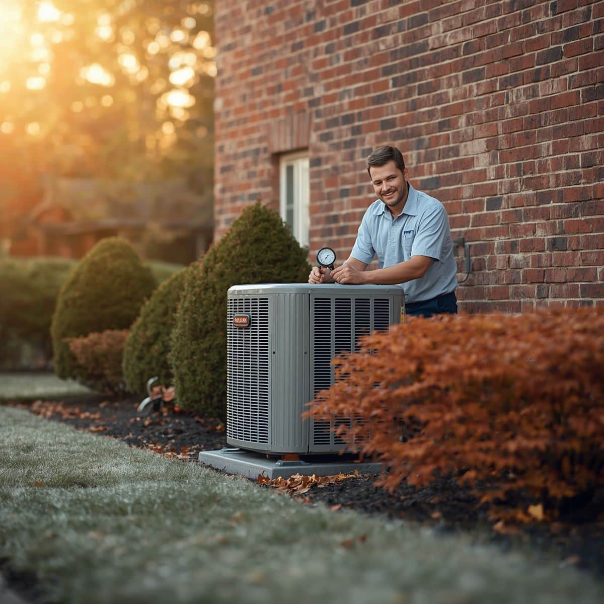 HVAC technician performing heat pump maintenance on an outdoor unit at a Kansas City home in the fall.